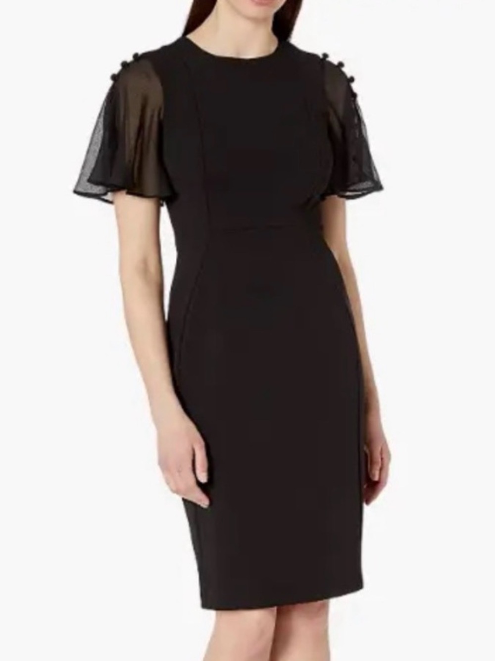 Calvin Klein Black Midi Sheath Dress with Sheer Button Flutter Sleeves NWT